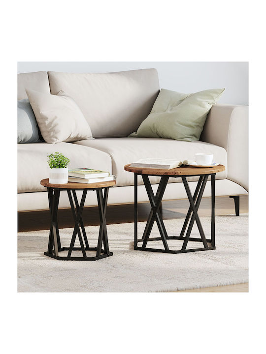 Round Side Coffee Table Made of Solid Wood Brown 2 Pieces W50xL50xH40cm