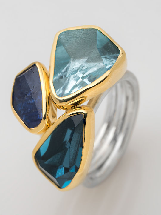 Polytimo Damen Ring mit Steinen aus Silber Vergoldet