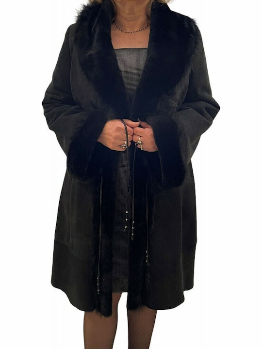 MARKOS LEATHER Mouton Damen Schwarz Mantel mit Fellbesatz 1752
