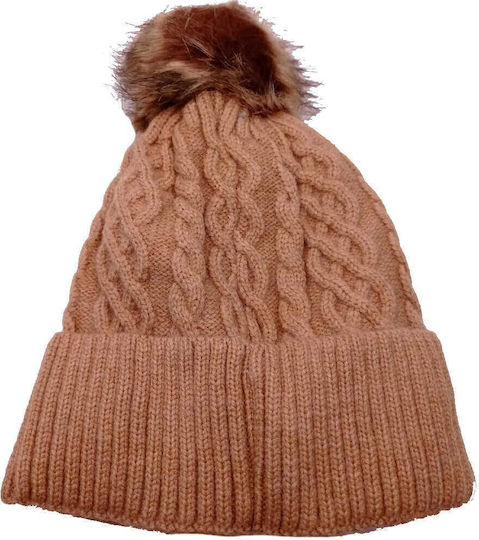 Pom Pom Beanie Γυναικείος Σκούφος με Πλεξούδες σε Καφέ χρώμα