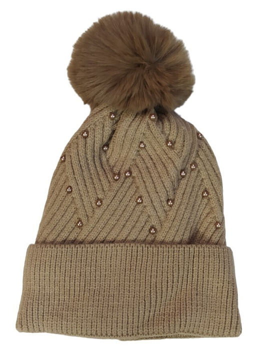 Pom Pom Beanie Beanie with Knit in Beige color