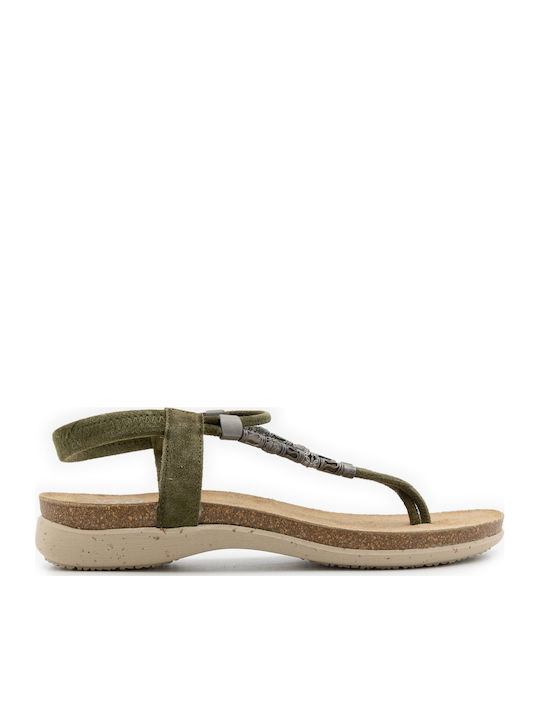 Leder Flache Sandalen für Damen in Khaki Farbe