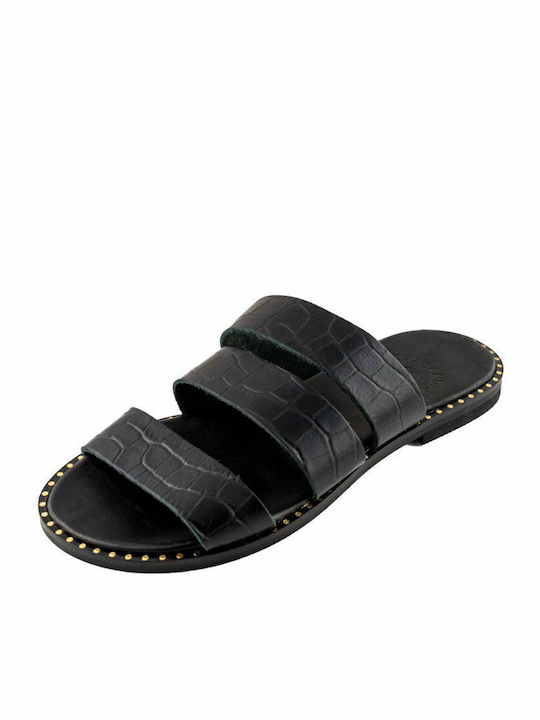 Leather Women's Flat Sandals in Black Color