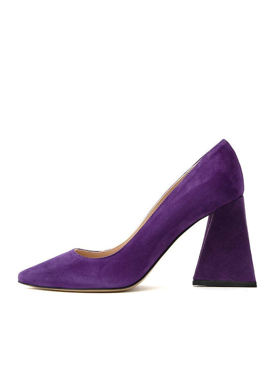 Divine Follie Suede Μυτερές Γόβες με Χοντρό Ψηλό Τακούνι Μωβ