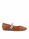 Synthetic Leather Pointy Ballerinas Chain Strap Tabac Brown