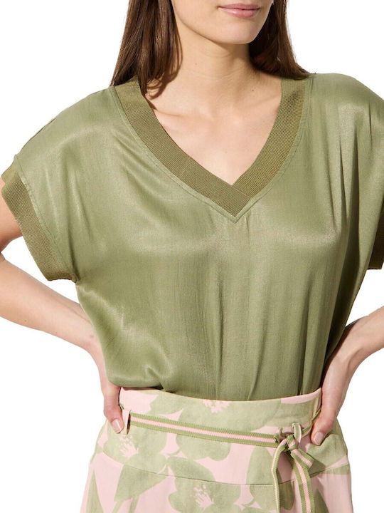 Women's Blouse Satin with V Neckline Olive