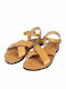 Leather Women's Flat Sandals with Strap in Beige Color