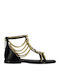 Leather Women's Flat Sandals with Strap in Black Color