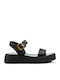 Leather Women's Flat Sandals Flatforms in Black Color