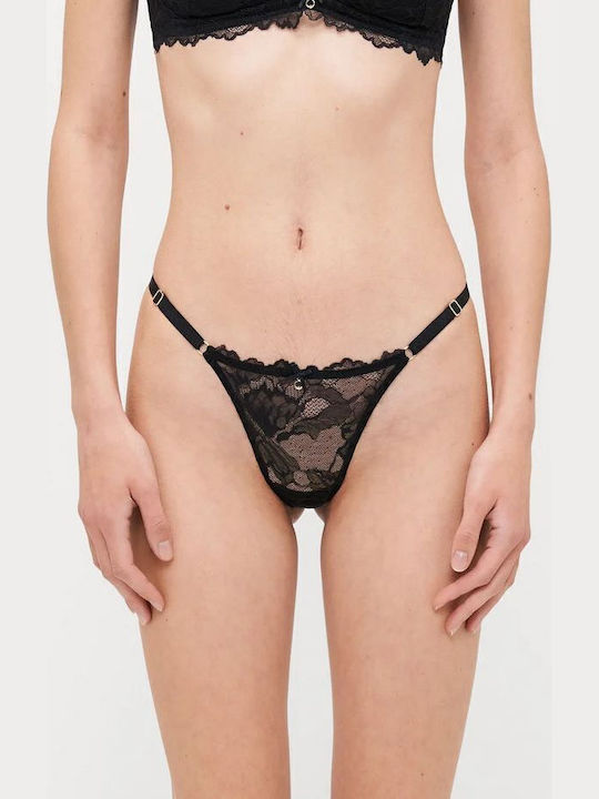 Women's String with Lace Black Floral