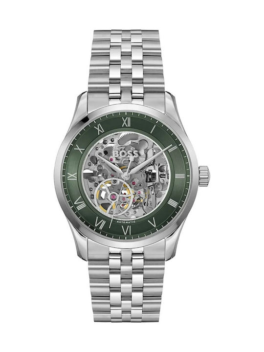 Boss Skeleton Ανδρικό Ρολόι 41mm Χρονογράφος Αυτόματο με Ασημί Μεταλλικό Μπρασελέ