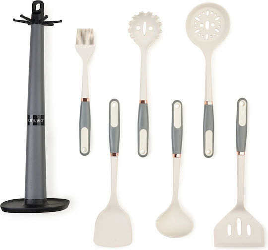 Set 6 Silicone Kitchen Utensils Hook Countertop Holder – Heat Resistant Non-stick Bpa-free Onuvio White