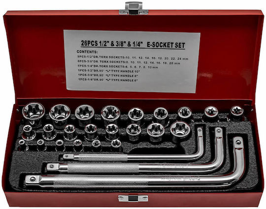 Καρυδάκια Torx με Καρέ Υποδοχής 1/4", 3/8", 1/2" Σετ 26τμχ