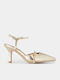 Leather Pointed Toe Gold Medium Heels with Strap