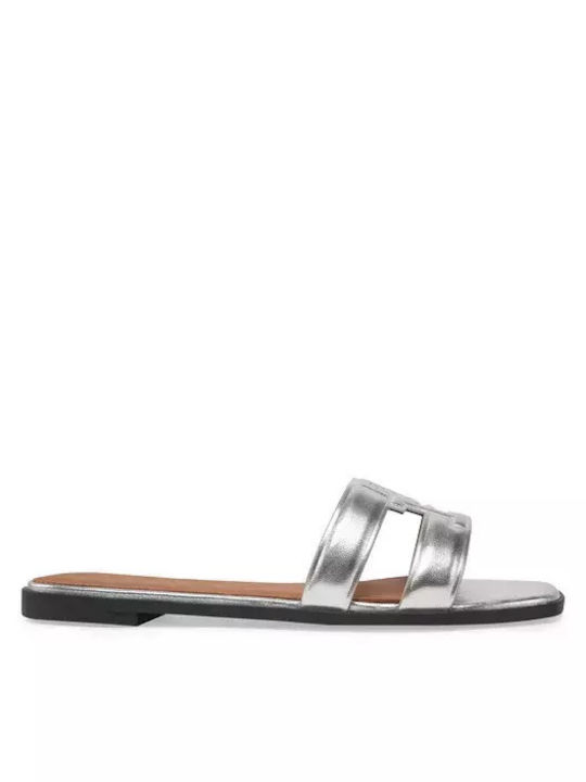 Leather Women's Flat Sandals in Silver Color