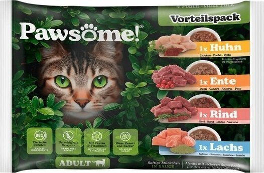 Pawsome Υγρή Τροφή για Ενήλικες Γάτες σε Φακελάκι με Κοτόπουλο και Κρέας 4x85gr