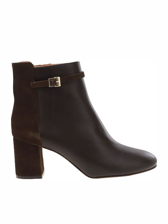 Leather Women's Ankle Boots with Medium Heel Brown