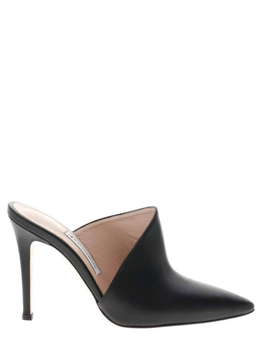 Leather Mules with High Heel in Black Color