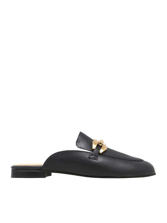 Flat Leather Mules in Black Color