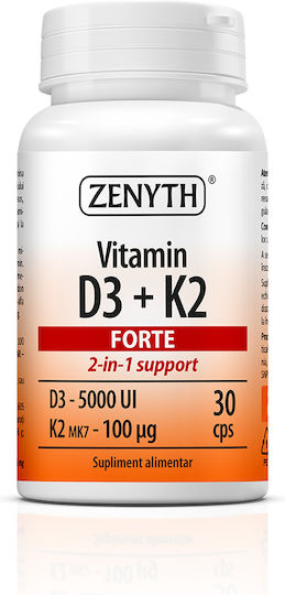 Zenyth Vitamina D3 & K2 pentru Întărirea Sistemului Imunitar & Sănătatea Oaselor 5000iu Natural 100gr 30 capace