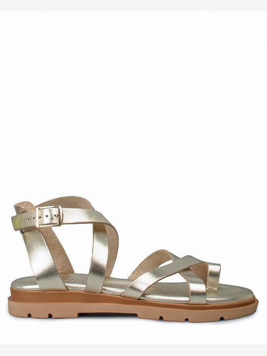 Leather Women's Flat Sandals in Gold Color