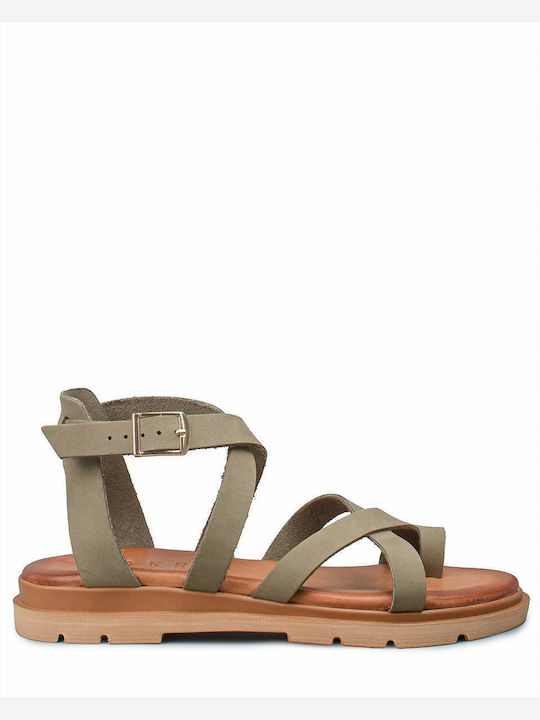 Leather Women's Flat Sandals in Green Color