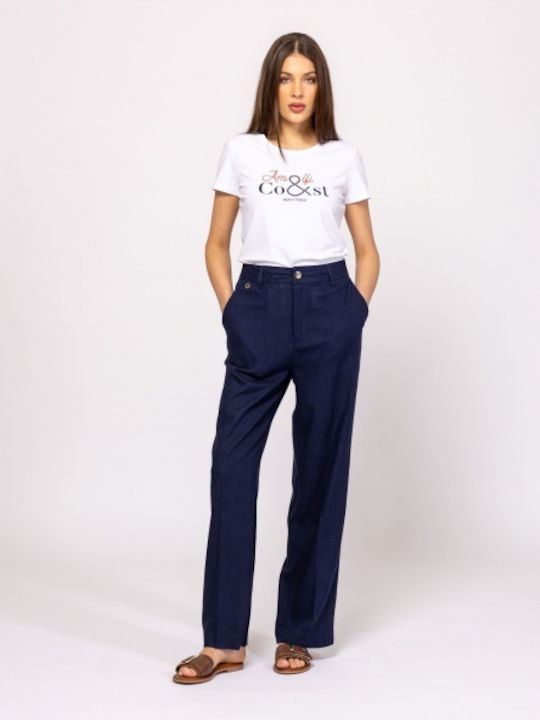Damen Stoff Hose Gestreift Navy