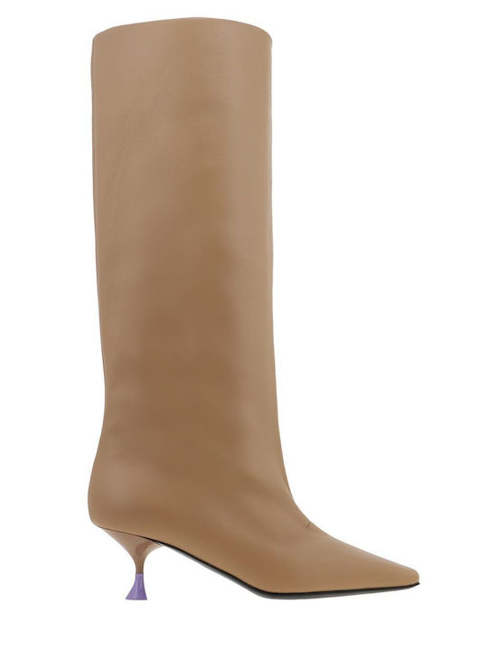 Leather Medium Heel Women's Boots Beige