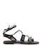 Leather Women's Flat Sandals in Black Color