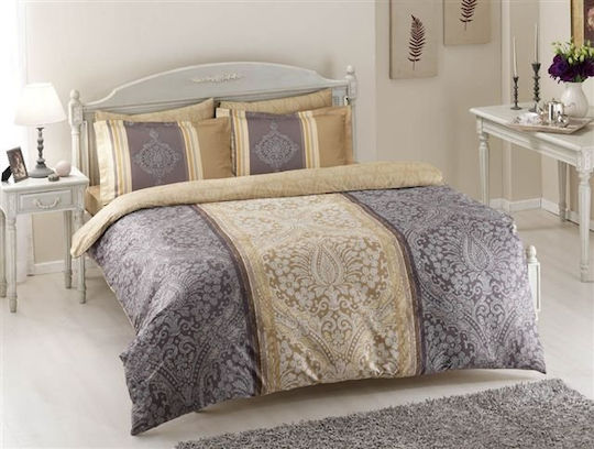 Tac Set Huse Pentru Pilote 200x220cm Dublă Cu 4 Fețe De Pernă & 1 Cearșaf Violet/Bej
