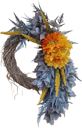 Kranz mit Zweigen, dekoriert mit Chrysanthemen, blauen Blättern, 40 cm
