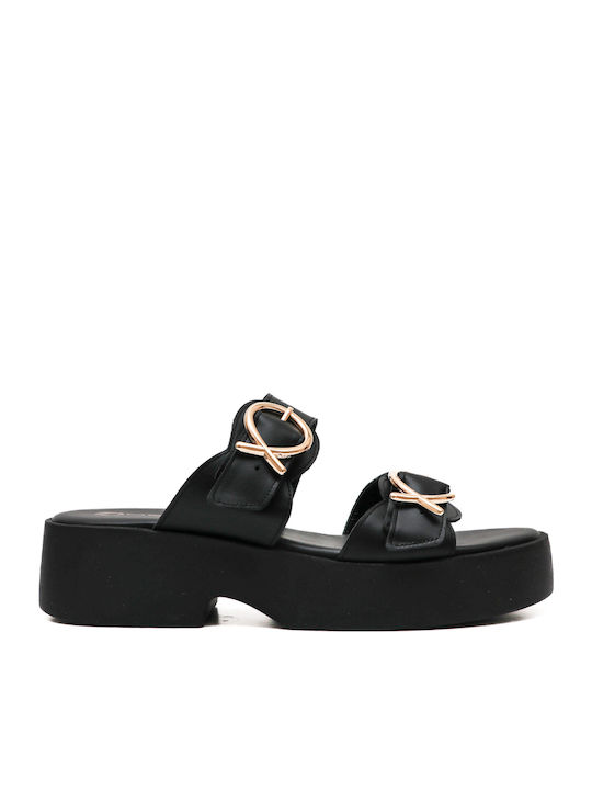 Δερμάτινα Γυναικεία Σανδάλια Flatforms Μαύρα