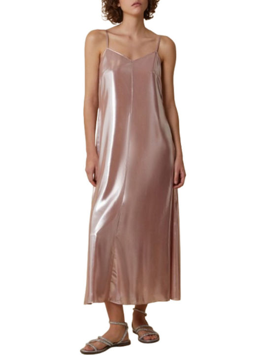 Summer Midi Slip Dress Satin Beige/Pink