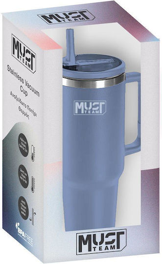 Must Team Glass Thermos Stainless Steel 1.2lt Straw blue with Straw