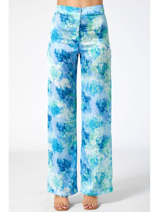 Femei Talie înaltă Din material textil Pantaloni cu Croială Dreaptă Floral Blue, Ltblue