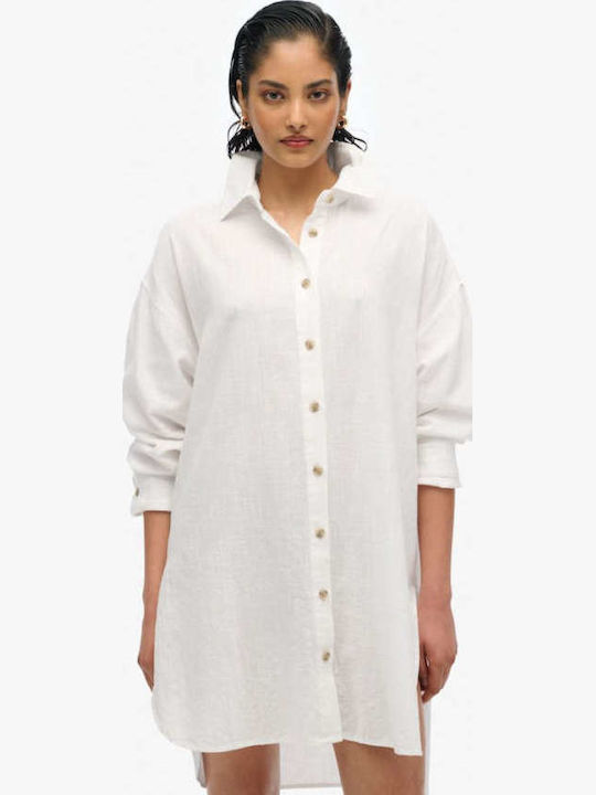 D2 Stud Ibiza Longline Beach Shirt Μακρυμάνικο Γυναικείο Πουκάμισο Λευκό