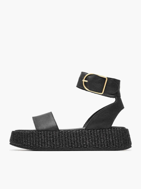 Women's Leather Ankle Strap Platforms Black