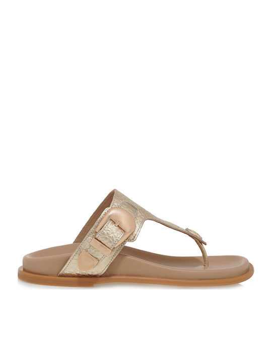 Leather Women's Flat Sandals in Gold Color