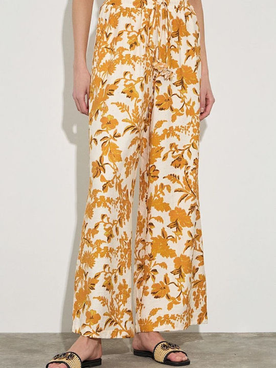 Damen Stoff Hose mit Gummizug Blumen Apricot
