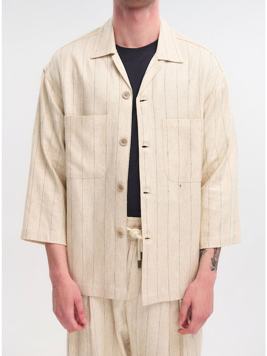 Μακρυμάνικo Overshirt σε Κανονική Γραμμή Ριγέ Μπεζ