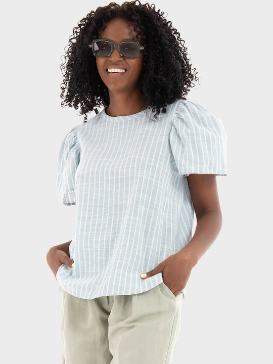 Damen Bluse Baumwolle Kurzärmelig Hellblau