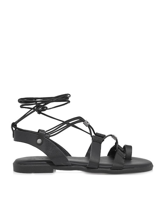 Leather Women's Flat Sandals in Black Color