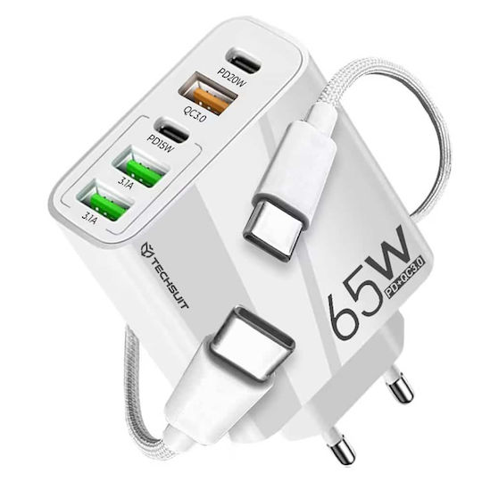 Techsuit Ladegerät mit 3 USB-A Anschlüsse und 2 USB-C Anschlüsse und Kabel USB-C - USB-C 20W Stromlieferung / Schnellaufladung 3.0 Weißs (CHC2)