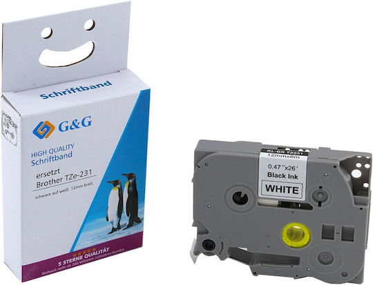 G&G Label Maker Tape RL-B-T231P-BK/WT 12mm 8m Compatible with Dymo Rhino/IND