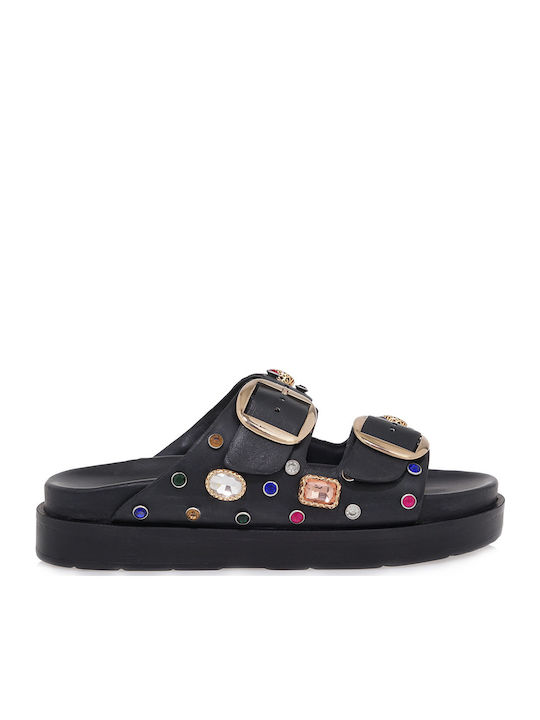 Leather Women's Flat Sandals in Black Color