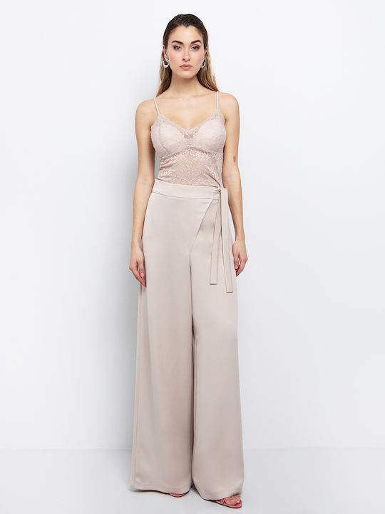 Women's High-waisted Fabric Trousers in Loose Fit Cream