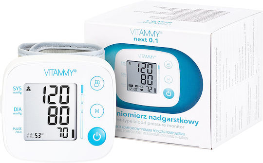 Vitammy Next 0.1 Monitor Electronic de Tensiune Arterială pentru Încheietură Măsurare în Timpul Umflării Manșetei Detectare Aritmie Detectare Mișcare Corporală Memorie 2 Utilizatori Dimensiune Manșetă 12.5-21.5 Cm Alb