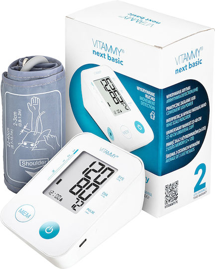 Vitammy Next Basic Tensiometru Electronic de Braț Port USB Măsurare în Timpul Umflării Manșetei Detectare Aritmie Detectare Mișcare Corporală Memorie 2 Utilizatori Dimensiune Manșetă 22-40 Cm Alb