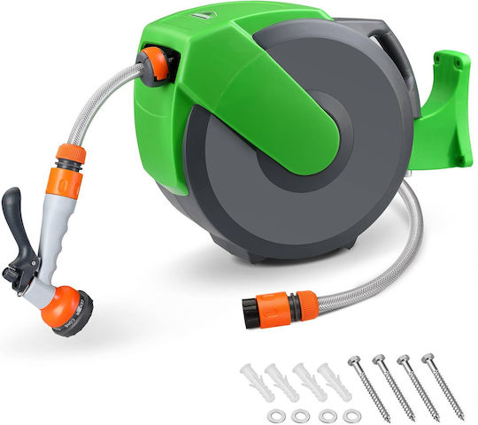 Tambur pentru furtun auto-retractabil Gardebruk 20 + 2 M Furtun de grădină Montare pe perete cu pivotare la 180 de grade Pistol de pulverizare 7-în-1 Conectori Gri Verde