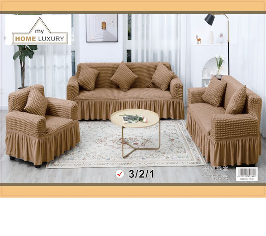 Set de huse elastice pentru canapea Mocha 3 bucăți cu volan Pp-321mc